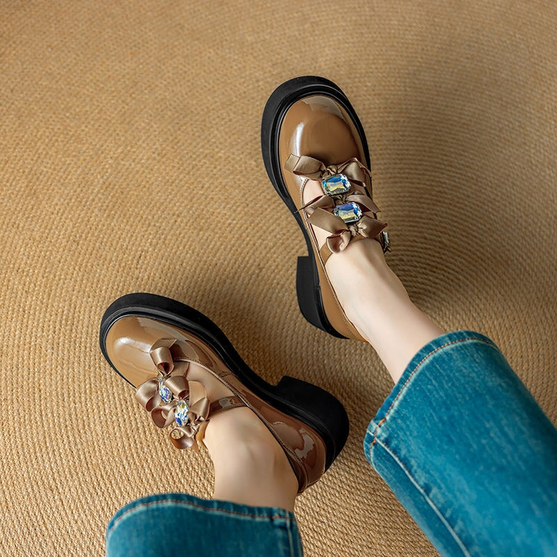 Fashion T-Strap Leather 55mm Heels Mary Jane Shoes with Rhinestone Bows in Apricot/Black