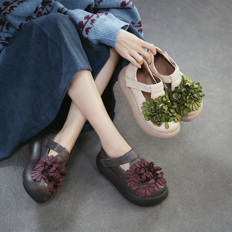 Floral Mary Jane Platform Shoes T-Strap Top Layer Cow Leather Casual Shoes in 3 Colors