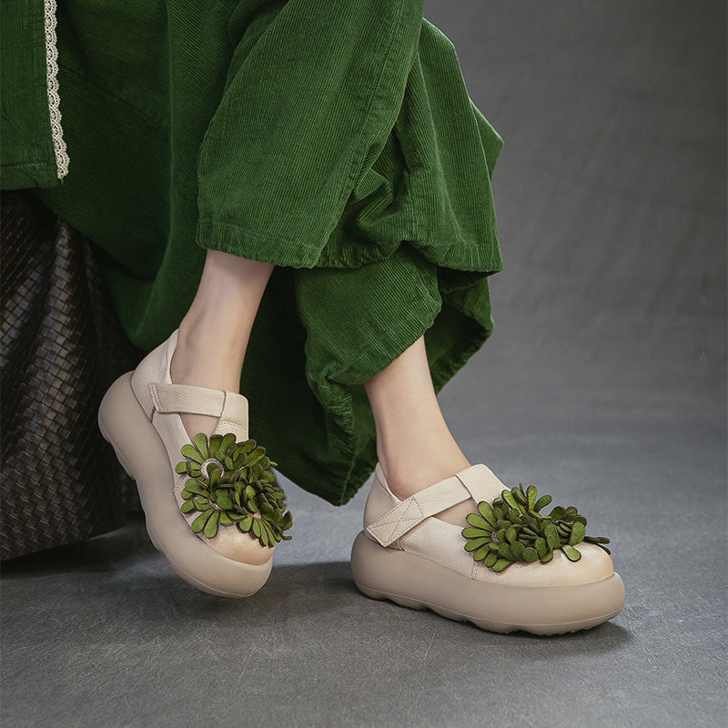 Floral Mary Jane Platform Shoes T-Strap Top Layer Cow Leather Casual Shoes in 3 Colors