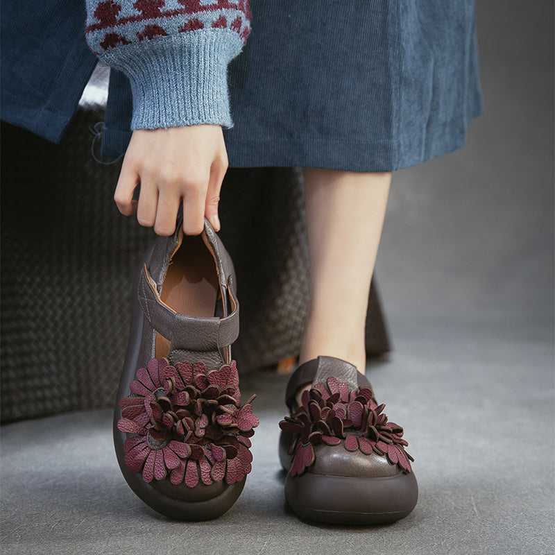 Floral Mary Jane Platform Shoes T-Strap Top Layer Cow Leather Casual Shoes in 3 Colors