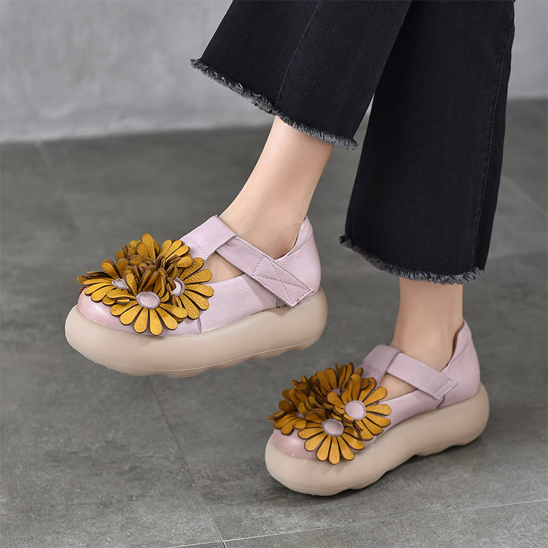 Floral Mary Jane Platform Shoes T-Strap Top Layer Cow Leather Casual Shoes in 3 Colors