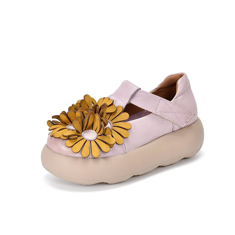 Floral Mary Jane Platform Shoes T-Strap Top Layer Cow Leather Casual Shoes in 3 Colors