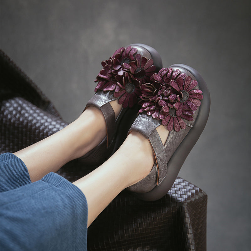 Floral Mary Jane Platform Shoes T-Strap Top Layer Cow Leather Casual Shoes in 3 Colors