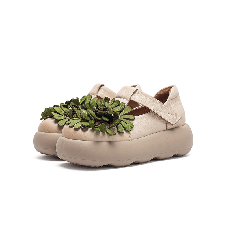 Floral Mary Jane Platform Shoes T-Strap Top Layer Cow Leather Casual Shoes in 3 Colors