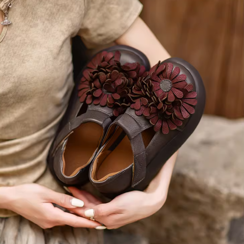 Floral Mary Jane Platform Shoes T-Strap Top Layer Cow Leather Casual Shoes in 3 Colors