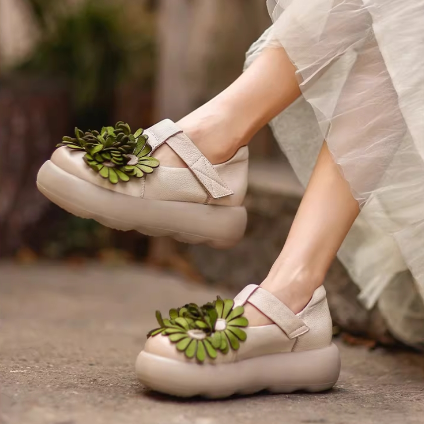Floral Mary Jane Platform Shoes T-Strap Top Layer Cow Leather Casual Shoes in 3 Colors
