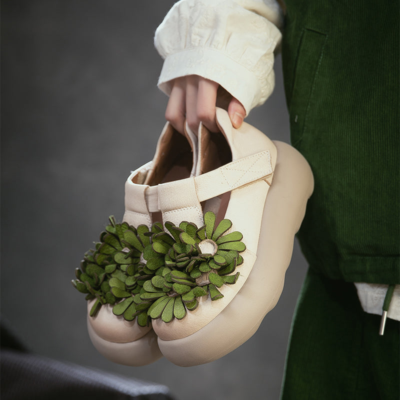Floral Mary Jane Platform Shoes T-Strap Top Layer Cow Leather Casual Shoes in 3 Colors