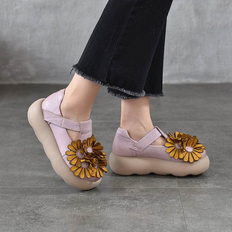 Floral Mary Jane Platform Shoes T-Strap Top Layer Cow Leather Casual Shoes in 3 Colors