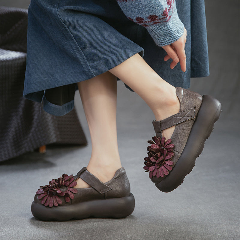 Floral Mary Jane Platform Shoes T-Strap Top Layer Cow Leather Casual Shoes in 3 Colors