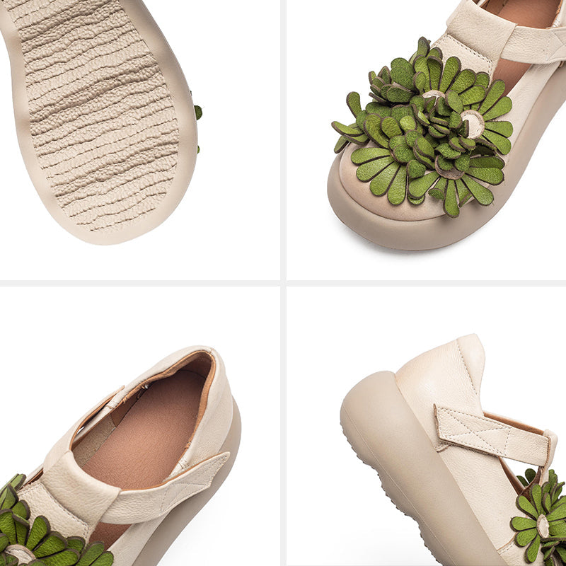 Floral Mary Jane Platform Shoes T-Strap Top Layer Cow Leather Casual Shoes in 3 Colors