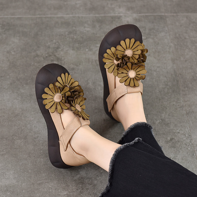 Floral Mary Jane Platform Shoes T-Strap Top Layer Cow Leather Casual Shoes in 4 Colors