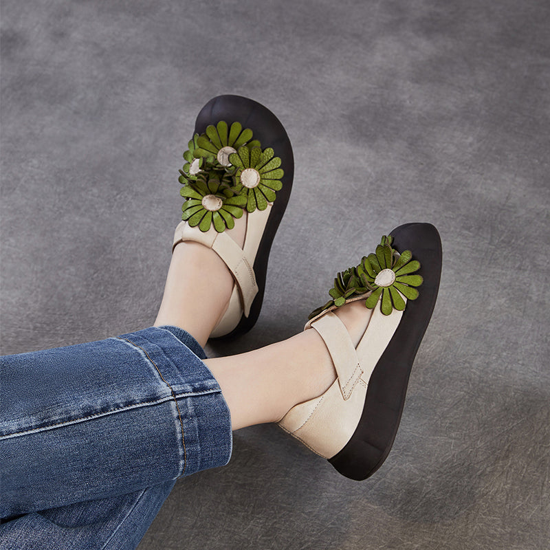 Floral Mary Jane Platform Shoes T-Strap Top Layer Cow Leather Casual Shoes in 4 Colors