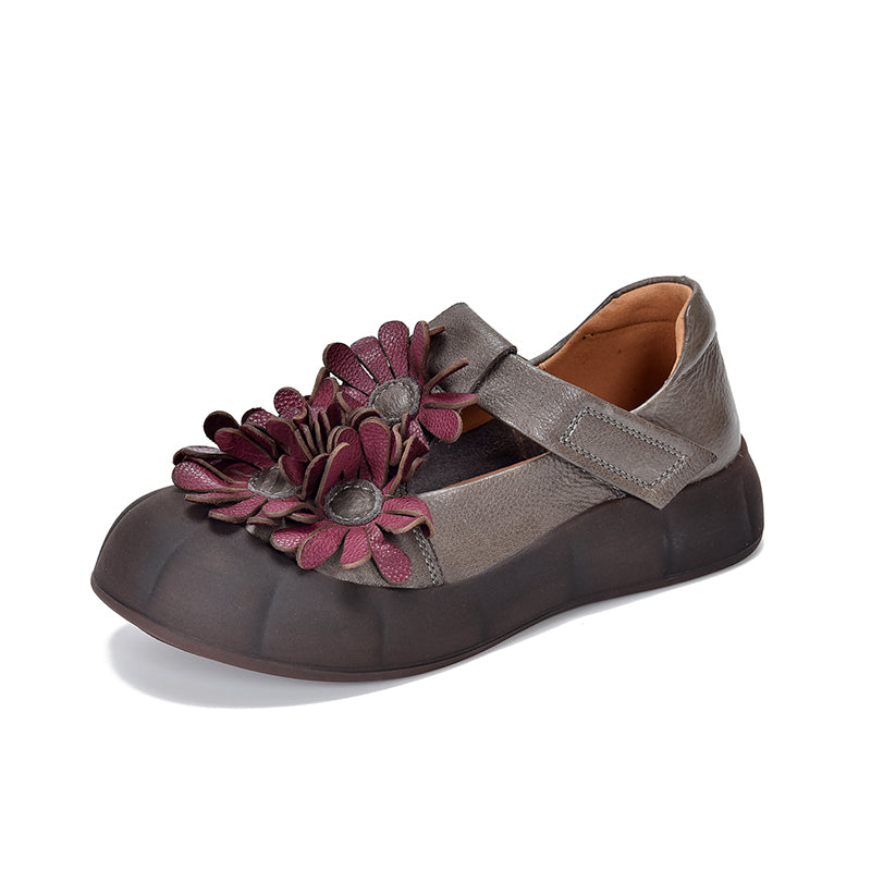 Floral Mary Jane Platform Shoes T-Strap Top Layer Cow Leather Casual Shoes in 4 Colors