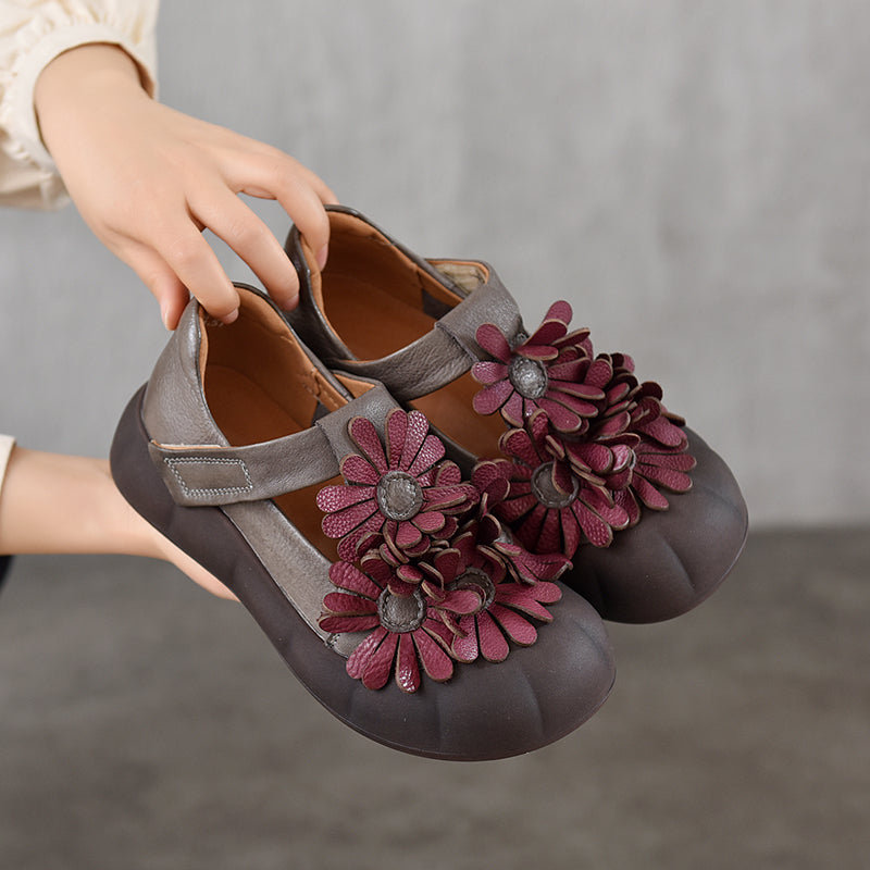 Floral Mary Jane Platform Shoes T-Strap Top Layer Cow Leather Casual Shoes in 4 Colors
