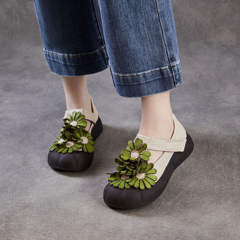 Floral Mary Jane Platform Shoes T-Strap Top Layer Cow Leather Casual Shoes in 4 Colors