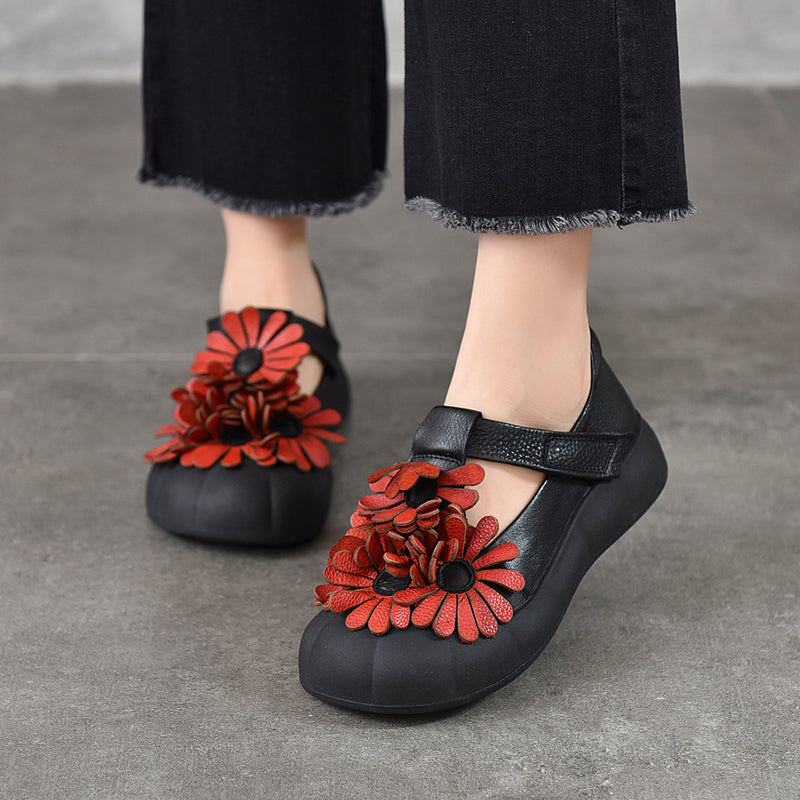 Floral Mary Jane Platform Shoes T-Strap Top Layer Cow Leather Casual Shoes in 4 Colors