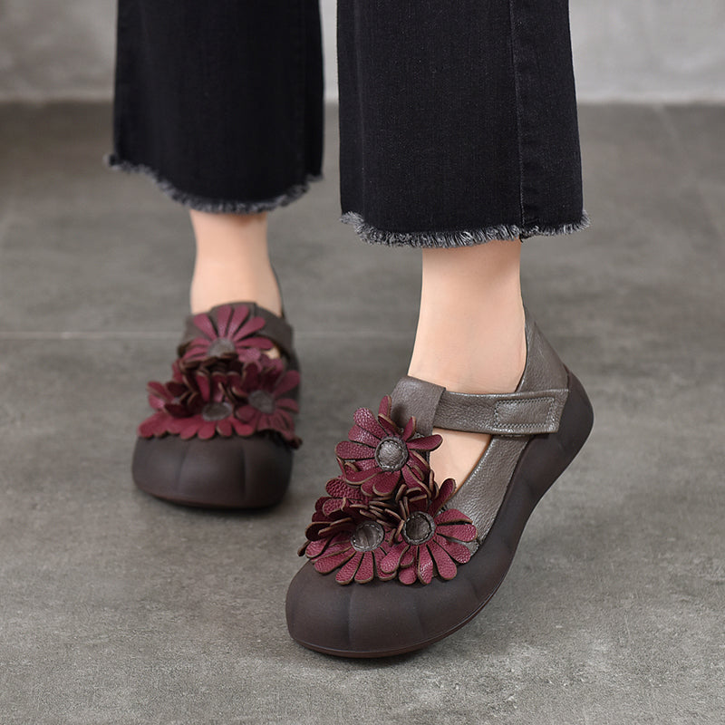 Floral Mary Jane Platform Shoes T-Strap Top Layer Cow Leather Casual Shoes in 4 Colors