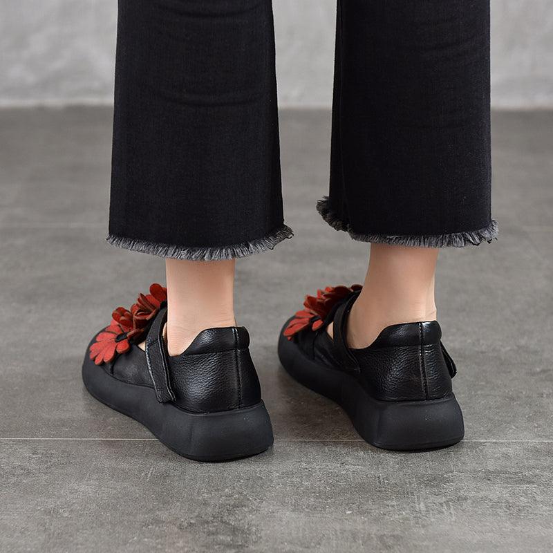 Floral Mary Jane Platform Shoes T-Strap Top Layer Cow Leather Casual Shoes in 4 Colors