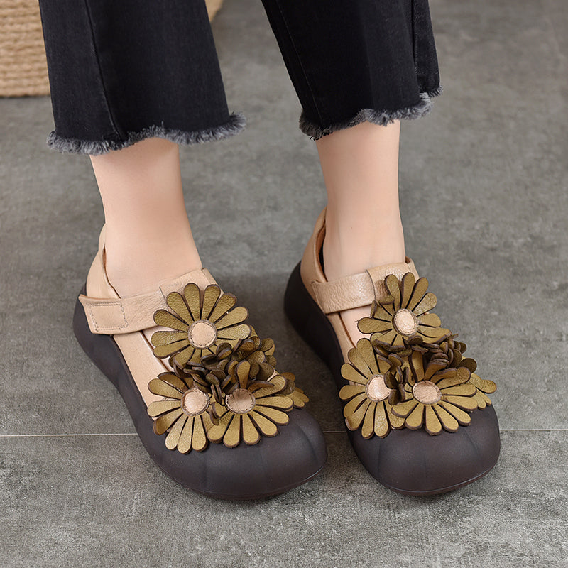 Floral Mary Jane Platform Shoes T-Strap Top Layer Cow Leather Casual Shoes in 4 Colors