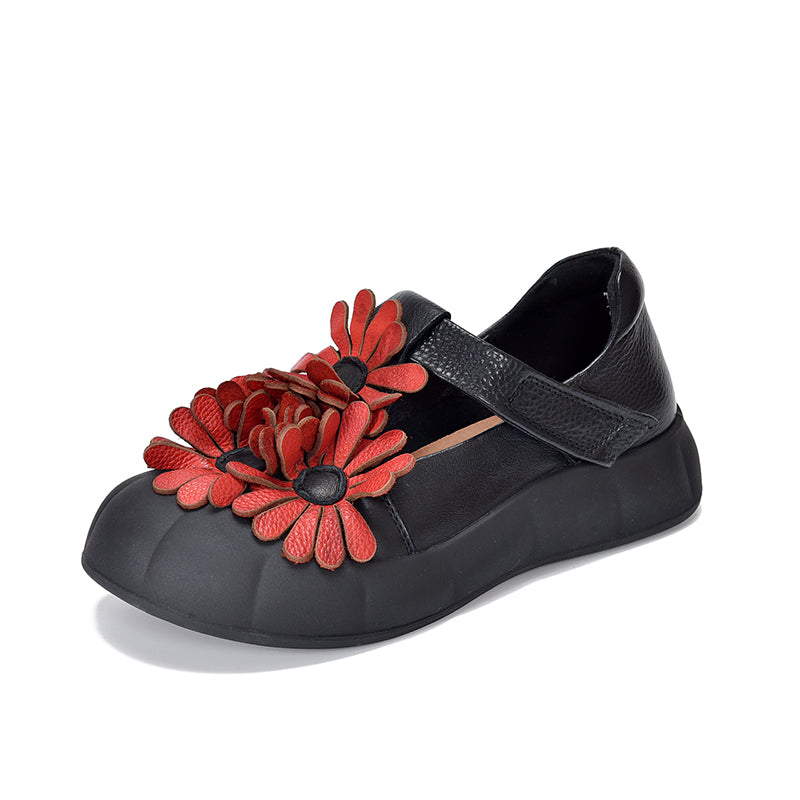 Floral Mary Jane Platform Shoes T-Strap Top Layer Cow Leather Casual Shoes in 4 Colors
