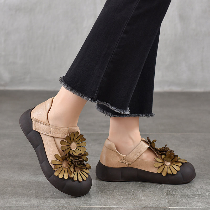 Floral Mary Jane Platform Shoes T-Strap Top Layer Cow Leather Casual Shoes in 4 Colors