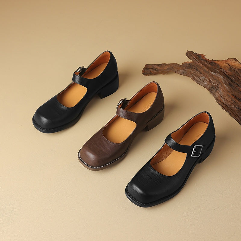 Full Grain Leather 45mm Block Heel Square Toe Mary Jane Shoes in Black/Brown