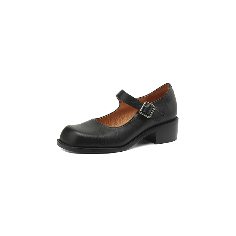 Full Grain Leather 45mm Block Heel Square Toe Mary Jane Shoes in Black/Brown