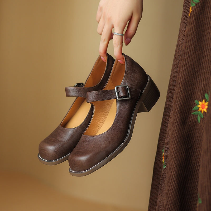 Full Grain Leather 45mm Block Heel Square Toe Mary Jane Shoes in Black/Brown