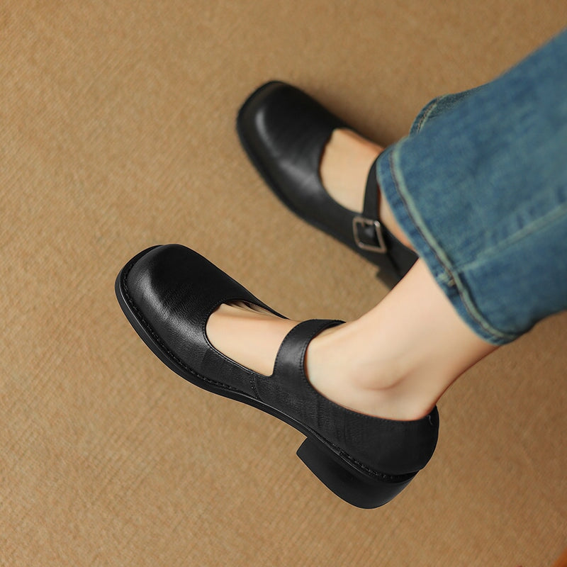 Full Grain Leather 45mm Block Heel Square Toe Mary Jane Shoes in Black/Brown