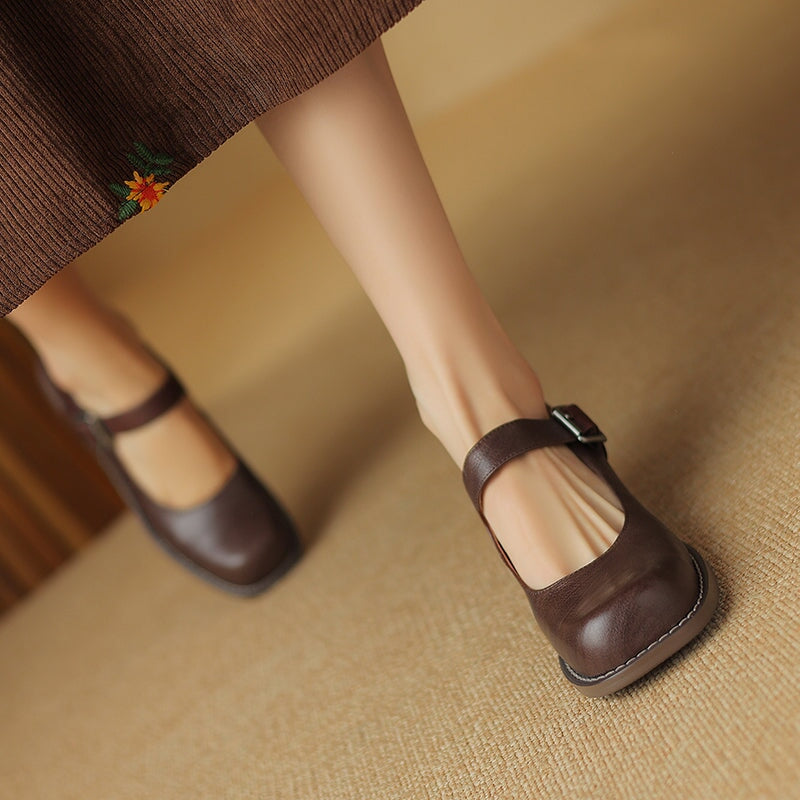 Full Grain Leather 45mm Block Heel Square Toe Mary Jane Shoes in Black/Brown