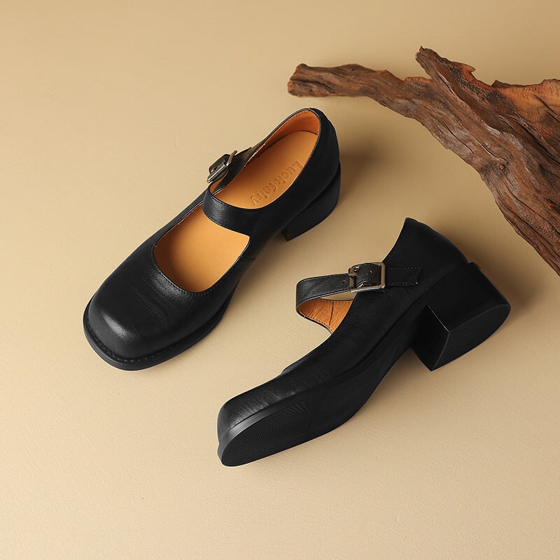 Full Grain Leather 45mm Block Heel Square Toe Mary Jane Shoes in Black/Brown