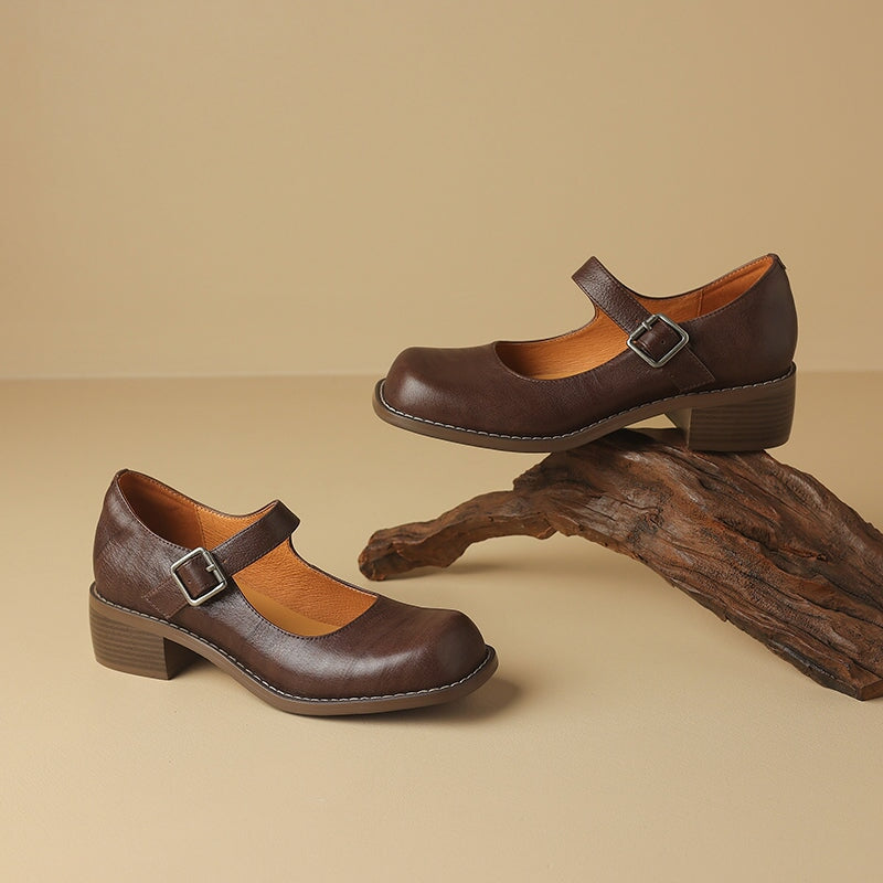 Full Grain Leather 45mm Block Heel Square Toe Mary Jane Shoes in Black/Brown