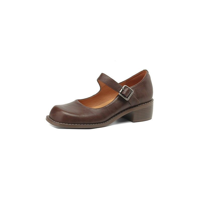 Full Grain Leather 45mm Block Heel Square Toe Mary Jane Shoes in Black/Brown