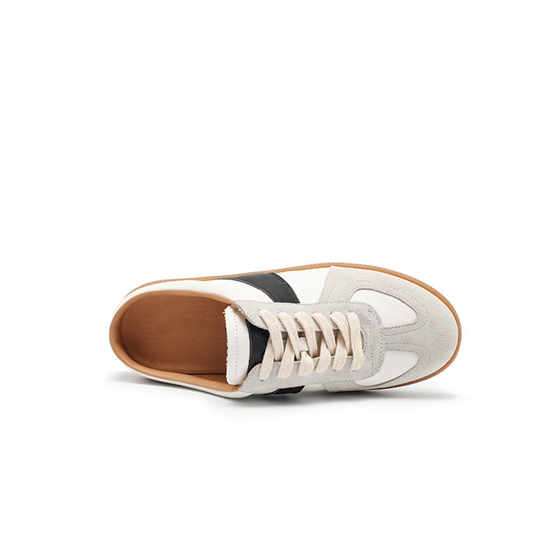 GAT Style Handmade Leather Mule Sneakers Backless Retro Slip-On Shoes in Beige/Silver