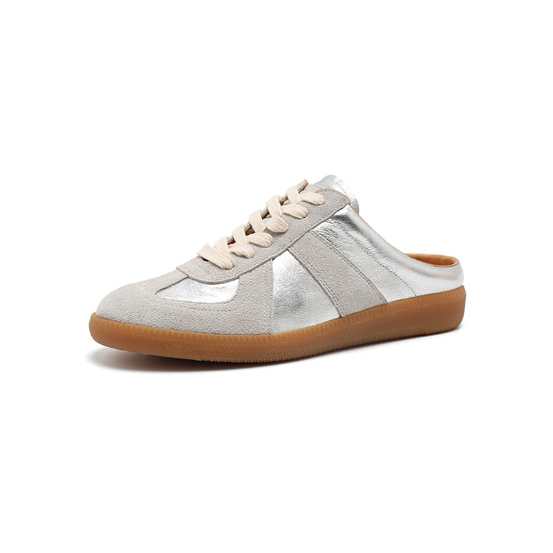 GAT Style Handmade Leather Mule Sneakers Backless Retro Slip-On Shoes in Beige/Silver