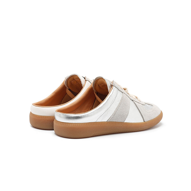 GAT Style Handmade Leather Mule Sneakers Backless Retro Slip-On Shoes in Beige/Silver