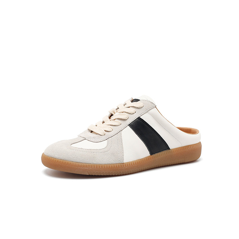 GAT Style Handmade Leather Mule Sneakers Backless Retro Slip-On Shoes in Beige/Silver
