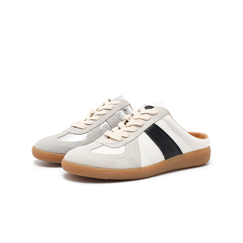 GAT Style Handmade Leather Mule Sneakers Backless Retro Slip-On Shoes in Beige/Silver