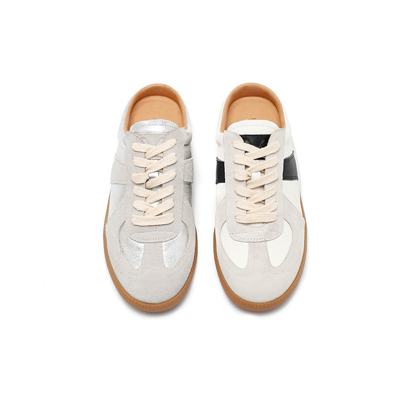 GAT Style Handmade Leather Mule Sneakers Backless Retro Slip-On Shoes in Beige/Silver