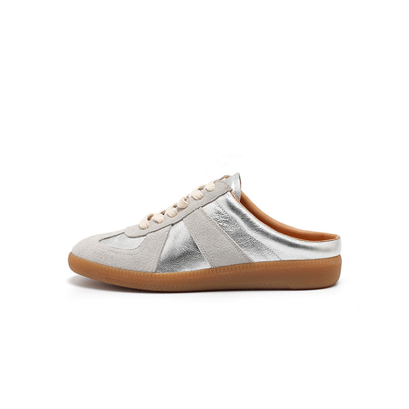GAT Style Handmade Leather Mule Sneakers Backless Retro Slip-On Shoes in Beige/Silver