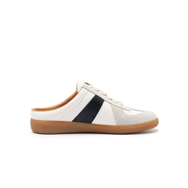 GAT Style Handmade Leather Mule Sneakers Backless Retro Slip-On Shoes in Beige/Silver
