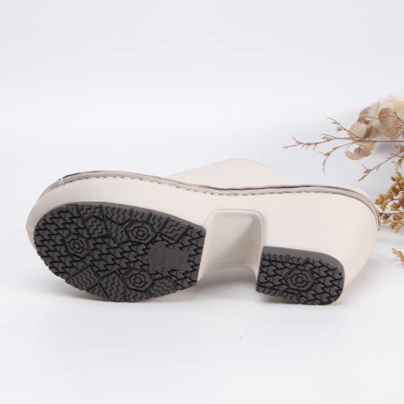Genuine Leather Block Heel Slippers For Women Peep Toe Slingbacks Sandals in Beige/Brown/White/Red/Black
