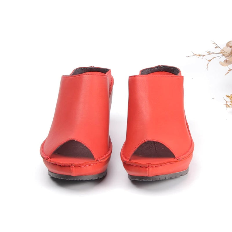 Genuine Leather Block Heel Slippers For Women Peep Toe Slingbacks Sandals in Beige/Brown/White/Red/Black