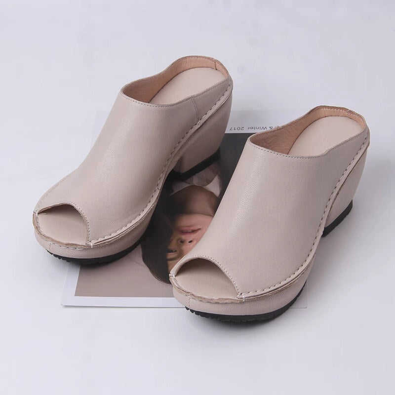 Genuine Leather Block Heel Slippers For Women Peep Toe Slingbacks Sandals in Beige/Brown/White/Red/Black