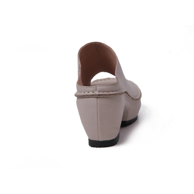 Genuine Leather Block Heel Slippers For Women Peep Toe Slingbacks Sandals in Beige/Brown/White/Red/Black