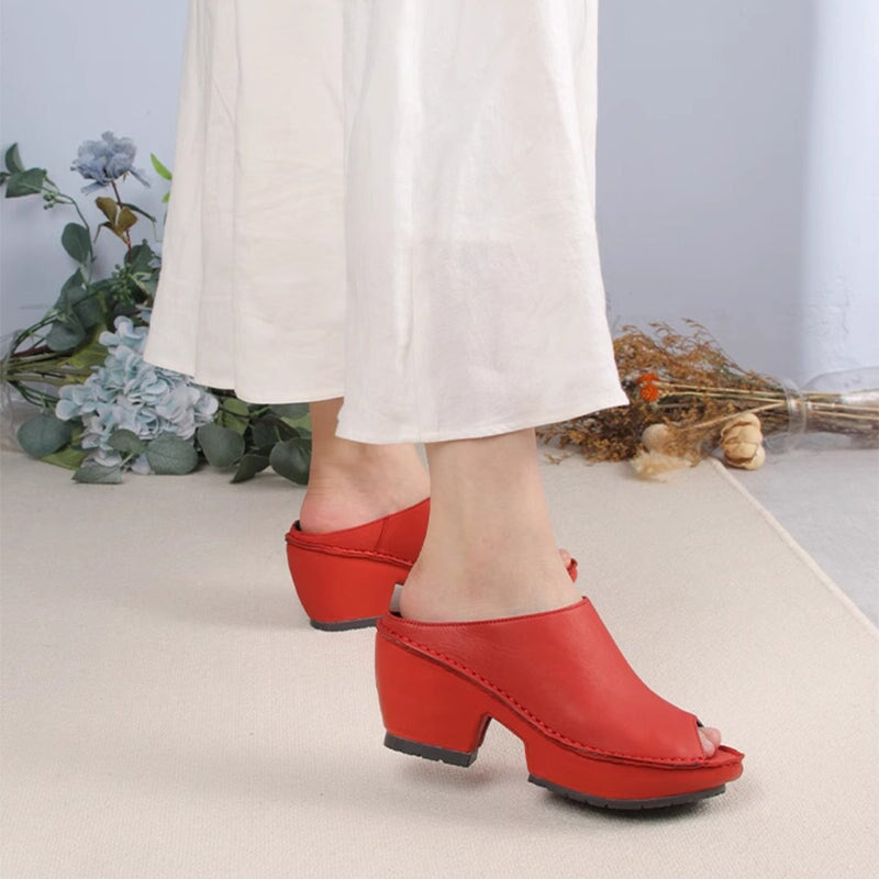 Genuine Leather Block Heel Slippers For Women Peep Toe Slingbacks Sandals in Beige/Brown/White/Red/Black