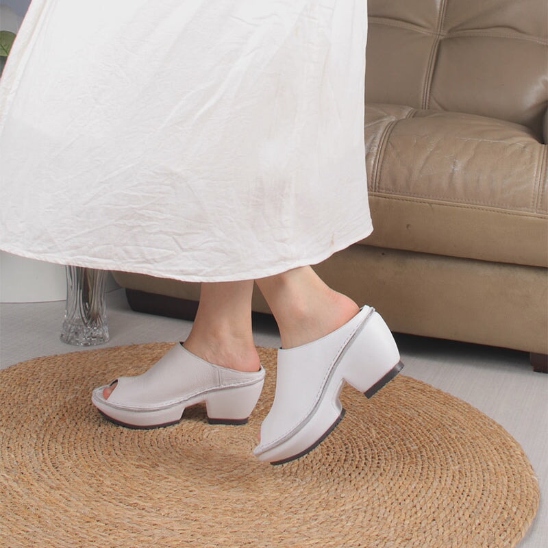 Genuine Leather Block Heel Slippers For Women Peep Toe Slingbacks Sandals in Beige/Brown/White/Red/Black
