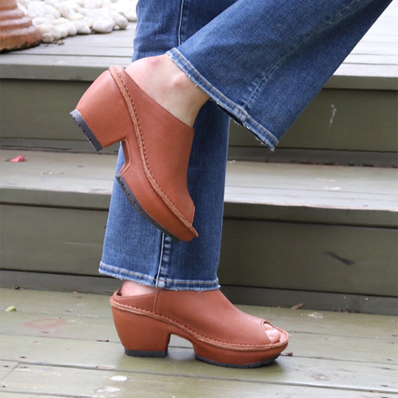 Genuine Leather Block Heel Slippers For Women Peep Toe Slingbacks Sandals in Beige/Brown/White/Red/Black