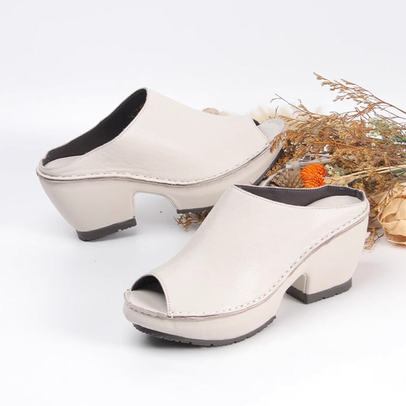 Genuine Leather Block Heel Slippers For Women Peep Toe Slingbacks Sandals in Beige/Brown/White/Red/Black