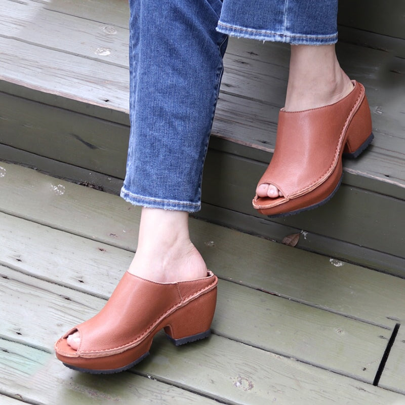 Genuine Leather Block Heel Slippers For Women Peep Toe Slingbacks Sandals in Beige/Brown/White/Red/Black